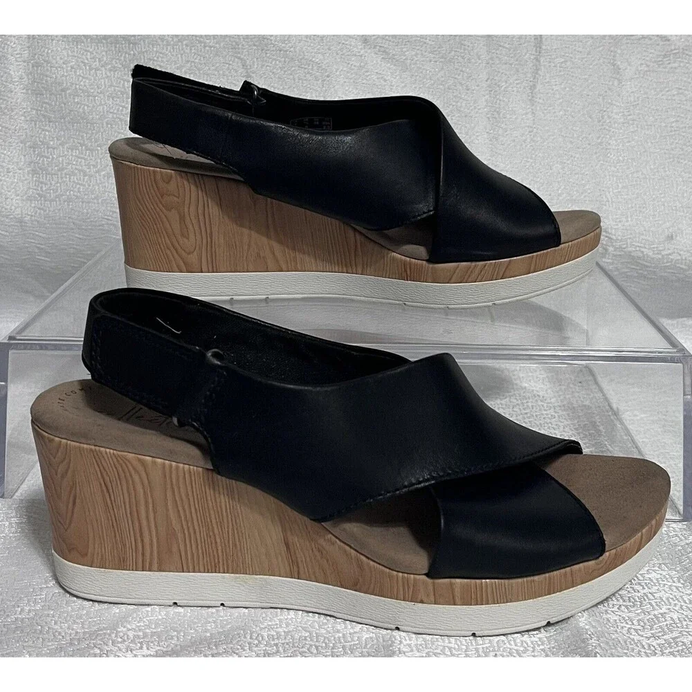 Clarks Cammy Pearl Leather Cross Strap Wedge Sandal Womens 7.5 Black Summer Boho
